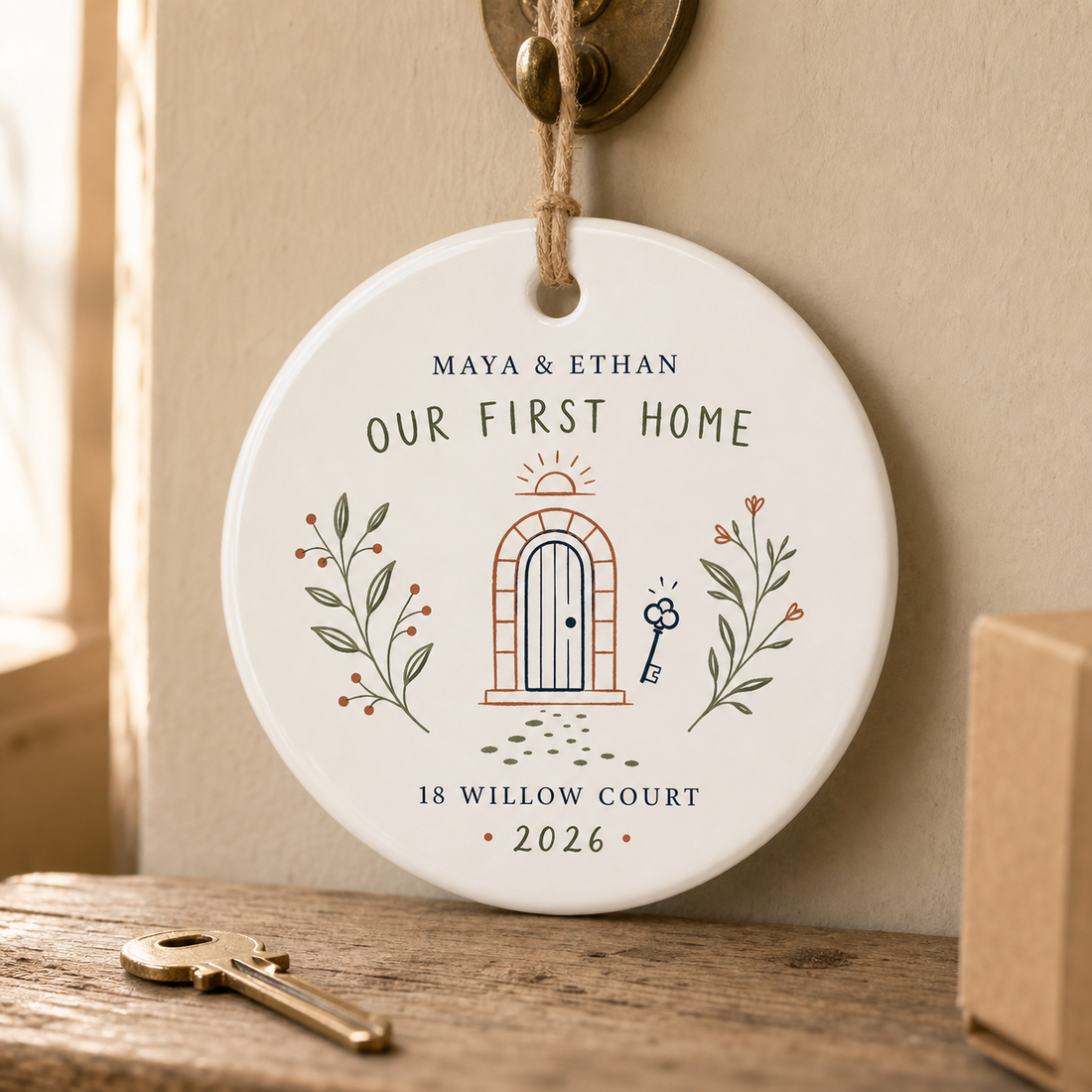 Our First Home ceramic ornament with a house illustration, example names and year