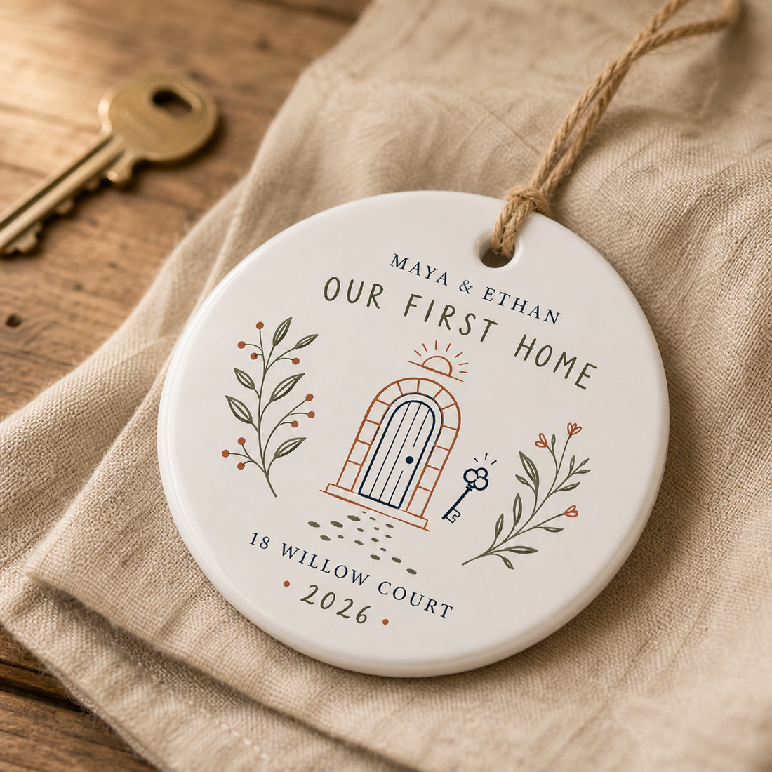 Our First Home ceramic ornament with a house illustration, example names and year