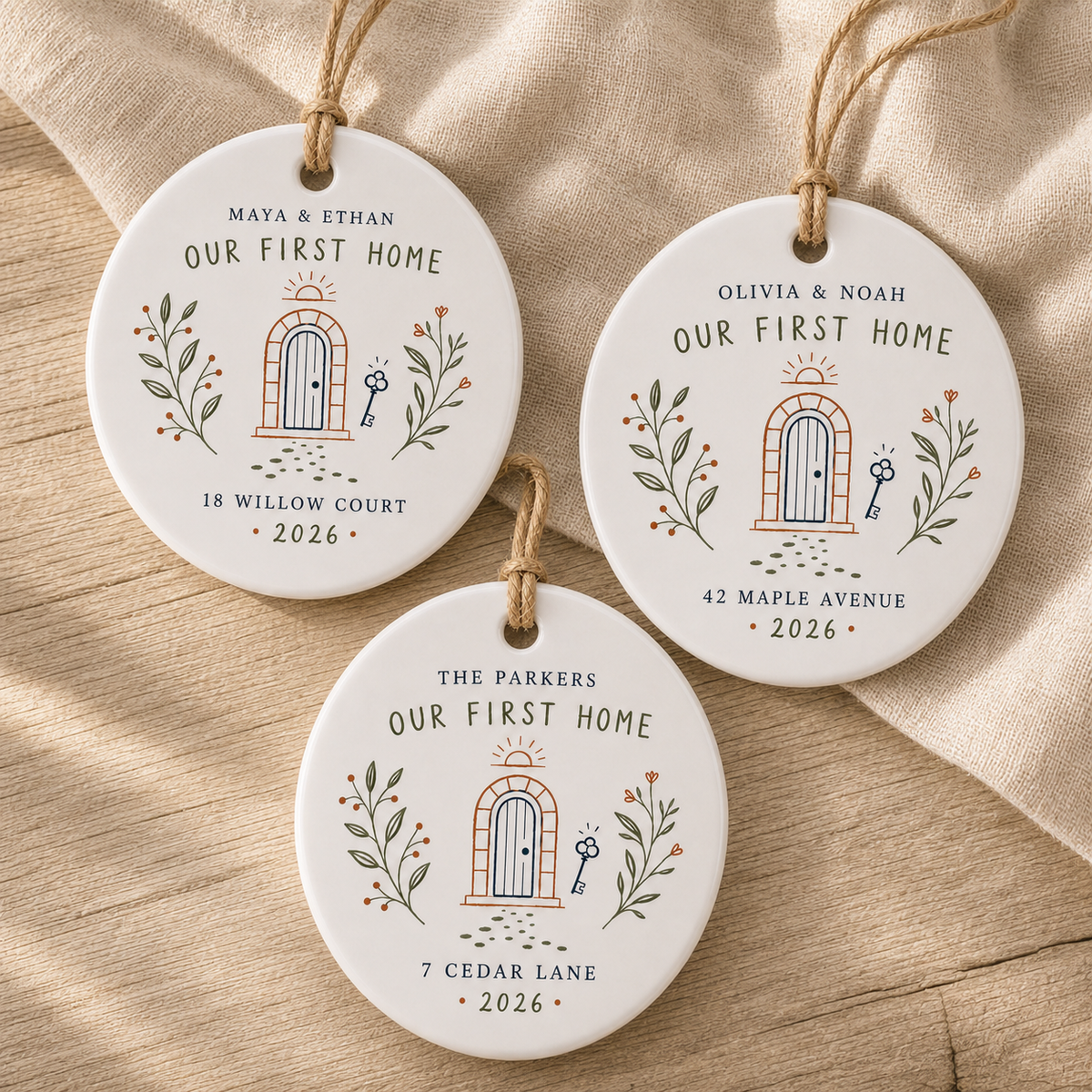 Our First Home ceramic ornaments arranged together