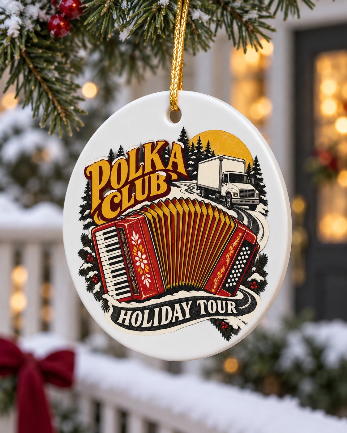 Polka Holiday Tour Ceramic Ornament design detail