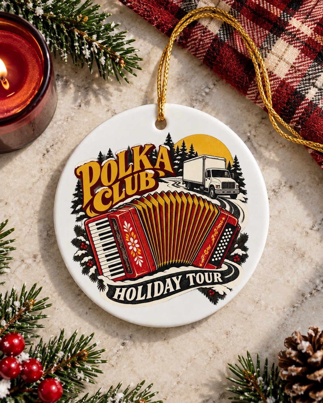 Polka Holiday Tour Ceramic Ornament flat lay