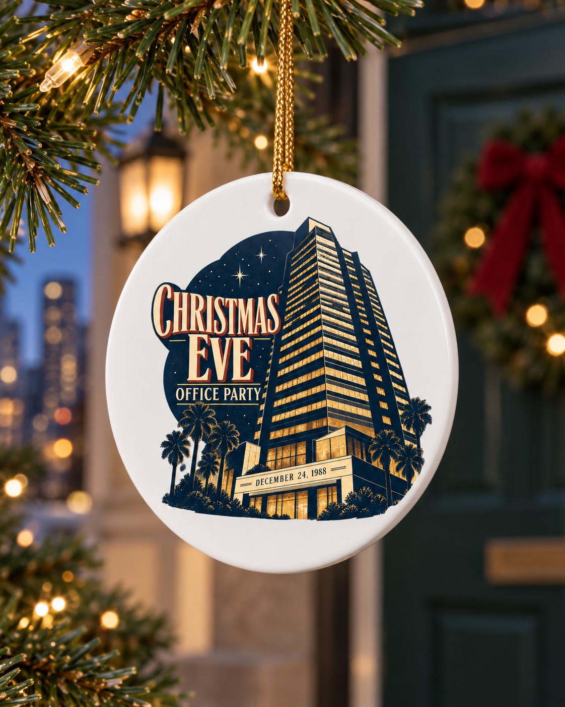 Christmas Eve Office Party Ceramic Ornament design detail
