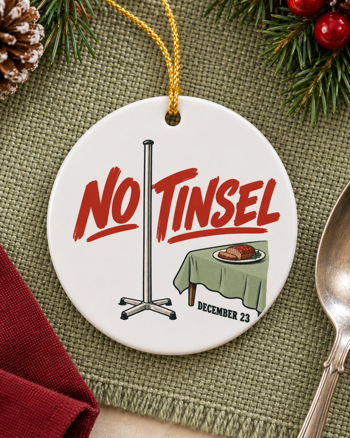 No Tinsel Pole Ceramic Ornament flat lay