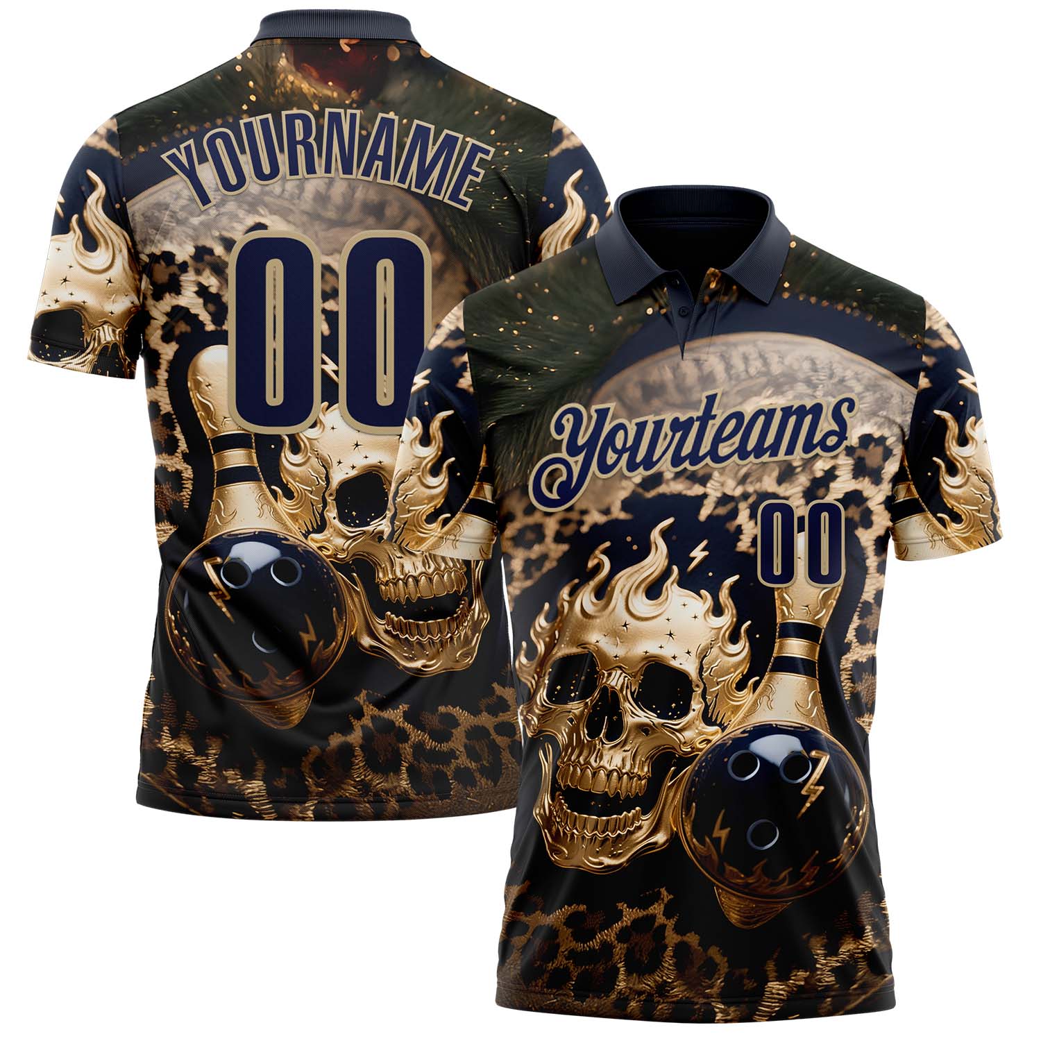 Personalized Navy Vegas Gold 3D Leopard Print Metal Skull Bowling Performance Polo Shirt