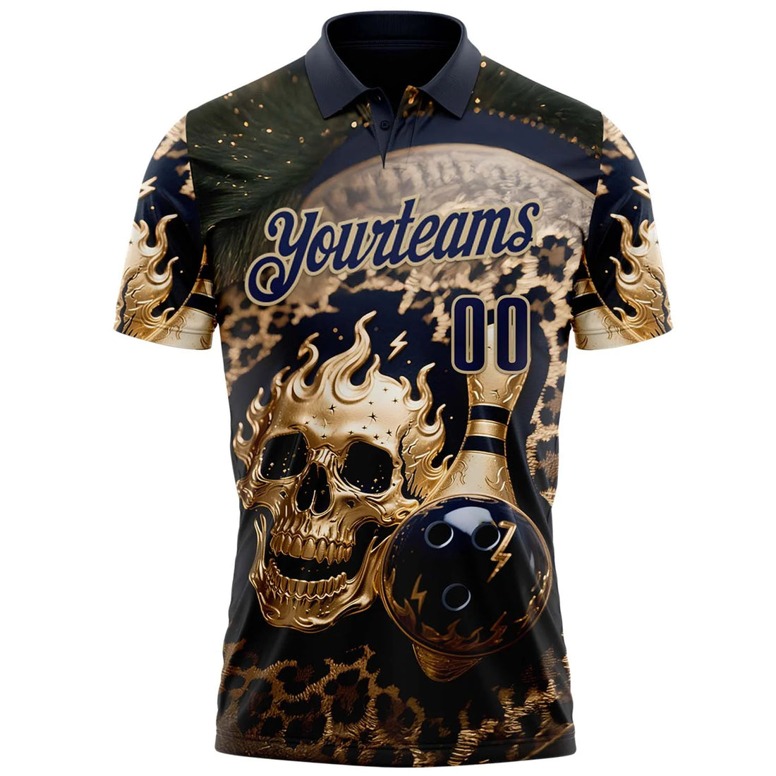 Personalized Navy Vegas Gold 3D Leopard Print Metal Skull Bowling Performance Polo Shirt