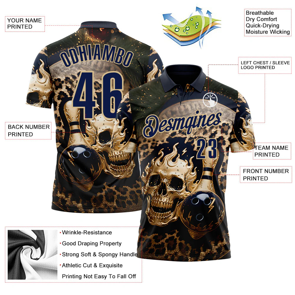 Personalized Navy Vegas Gold 3D Leopard Print Metal Skull Bowling Performance Polo Shirt