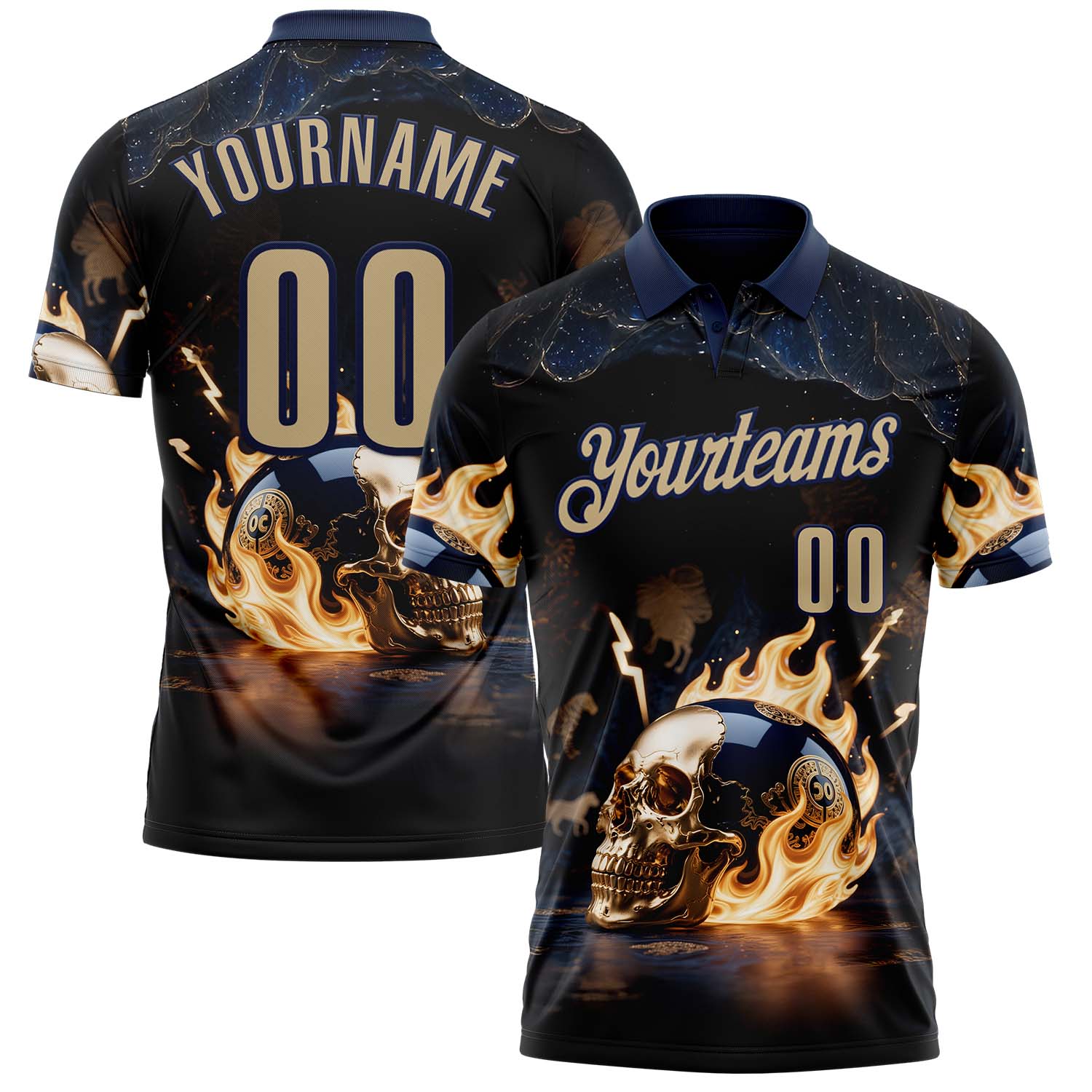 Personalized Custom Navy Vegas Gold 3D Flame Skull Bowling Performance Polo Shirt