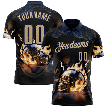 Personalized Custom Navy Vegas Gold 3D Flame Skull Bowling Performance Polo Shirt