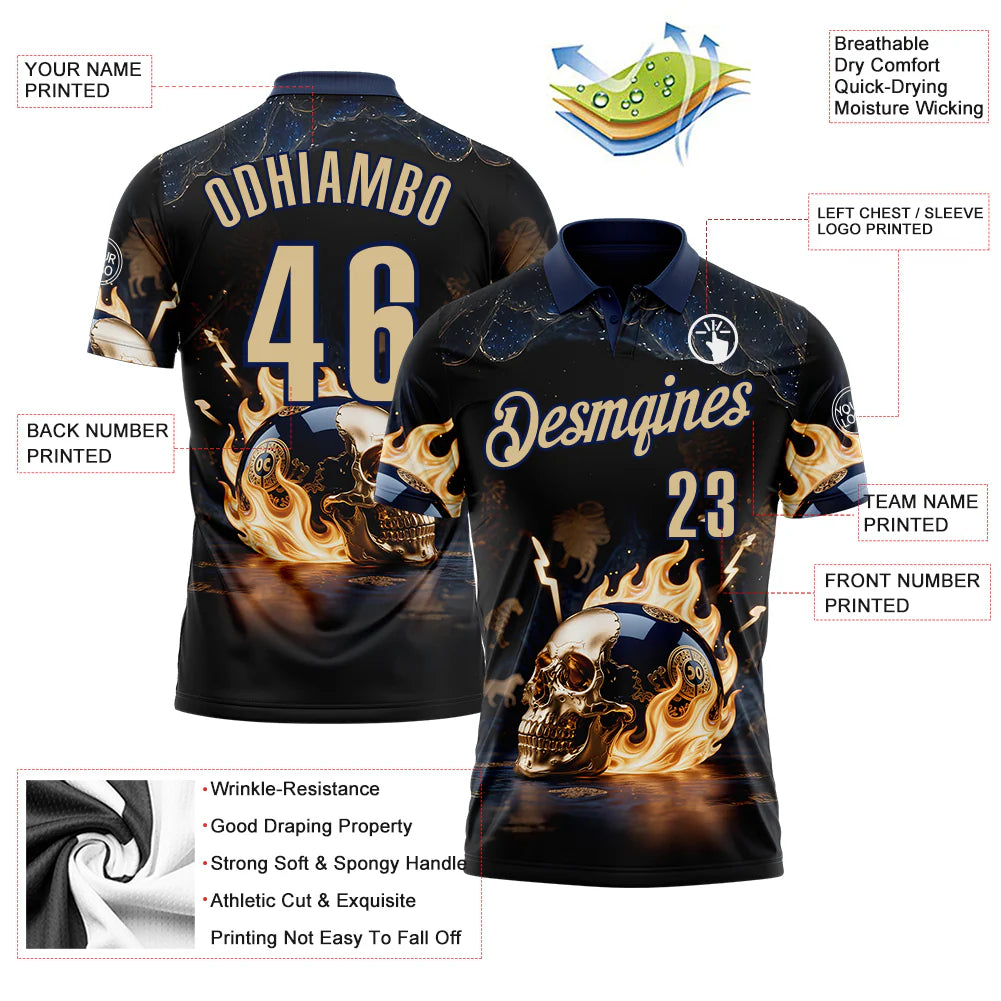 Personalized Custom Navy Vegas Gold 3D Flame Skull Bowling Performance Polo Shirt