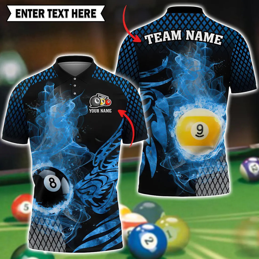 Personalized Billiards 8 Ball and 9 Ball Flame Dragon Multicolor Polo Shirt