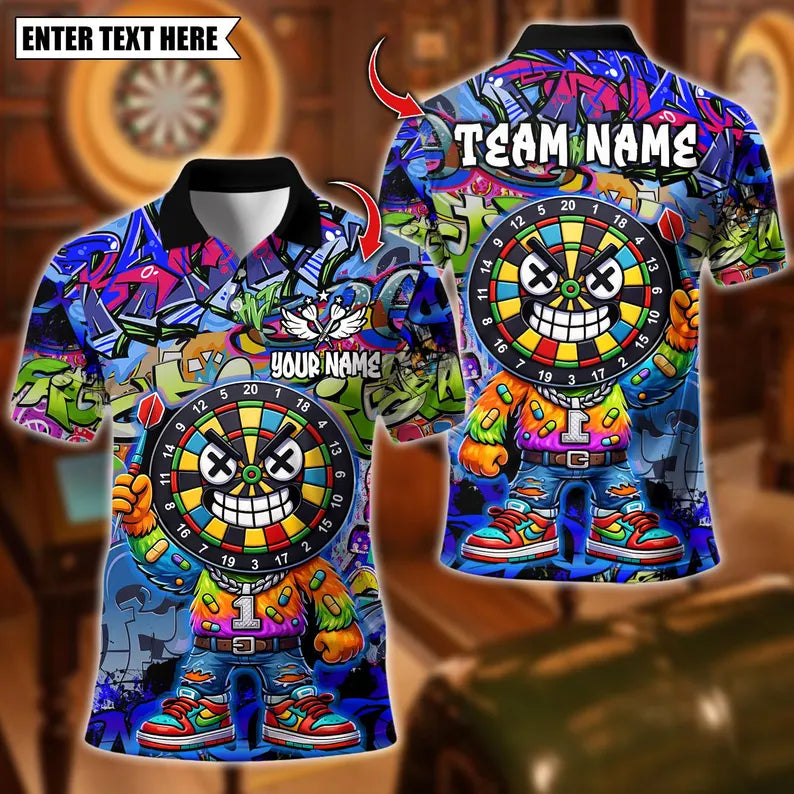 Personalized Dart Polo Shirt, Cool Dartboard Graffiti Design Multicolor Polo Shirt