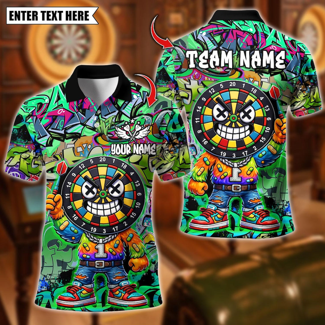 Personalized Dart Polo Shirt, Cool Dartboard Graffiti Design Multicolor Polo Shirt