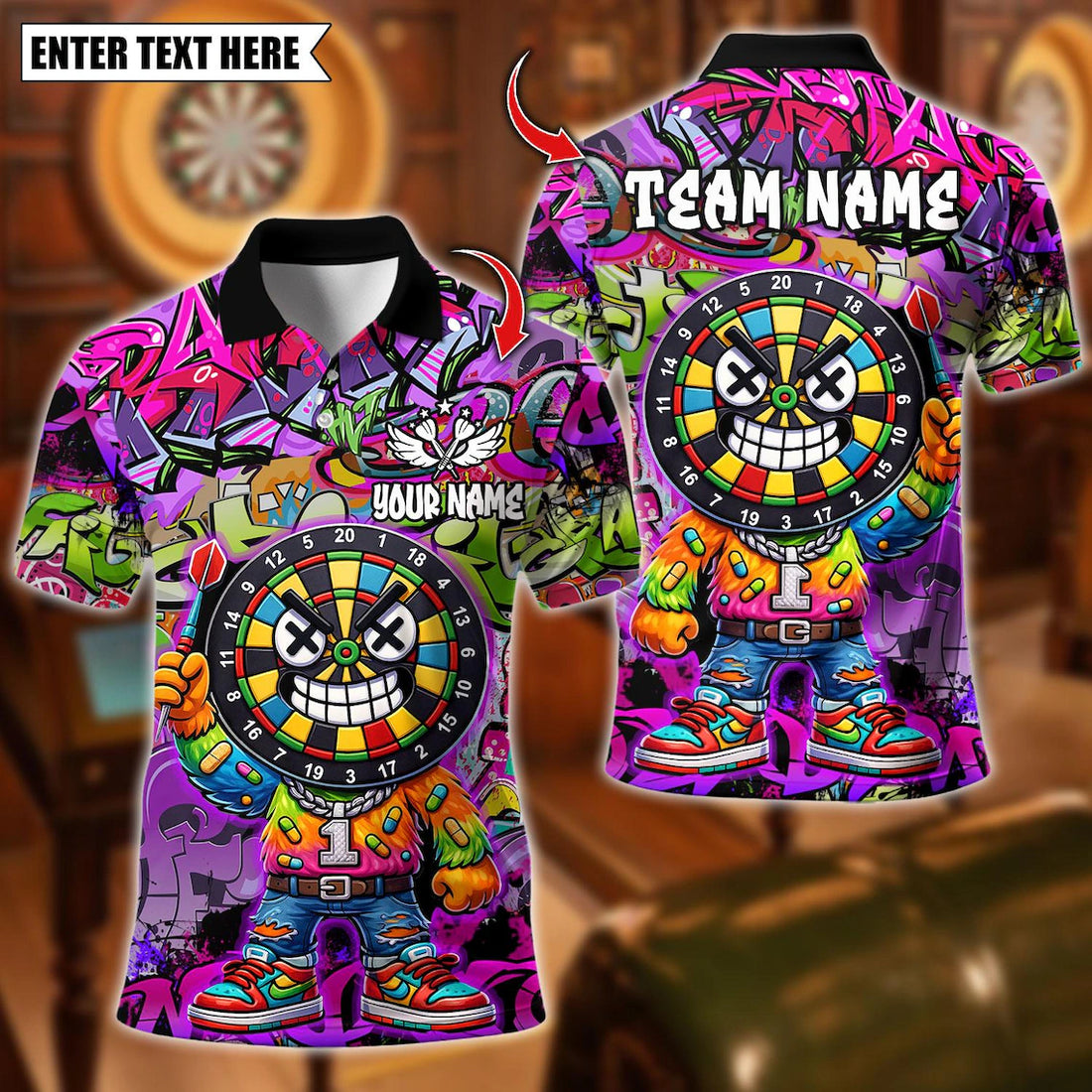 Personalized Dart Polo Shirt, Cool Dartboard Graffiti Design Multicolor Polo Shirt