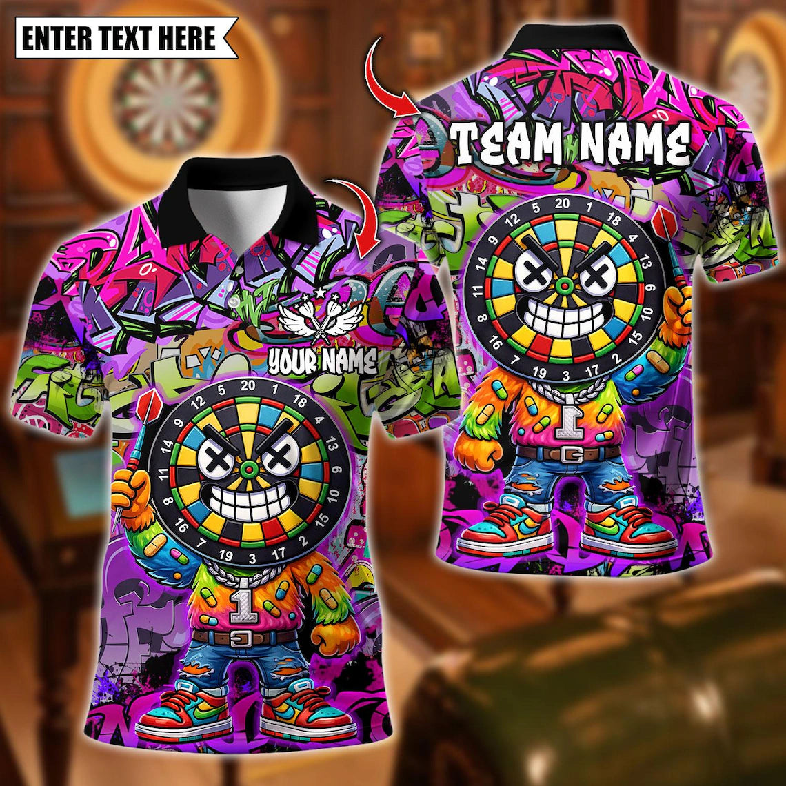 Personalized Dart Polo Shirt, Cool Dartboard Graffiti Design Multicolor Polo Shirt