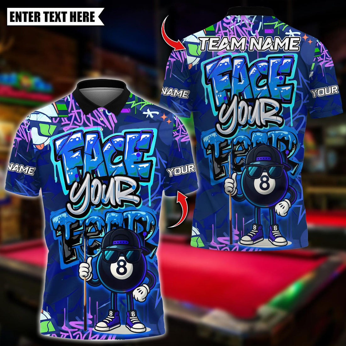 Personalized Billiard Graffiti Street Art 8 Ball Face Your Fear Multicolor Polo Shirt