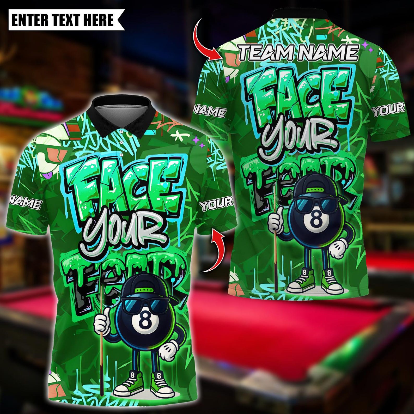 Personalized Billiard Graffiti Street Art 8 Ball Face Your Fear Multicolor Polo Shirt