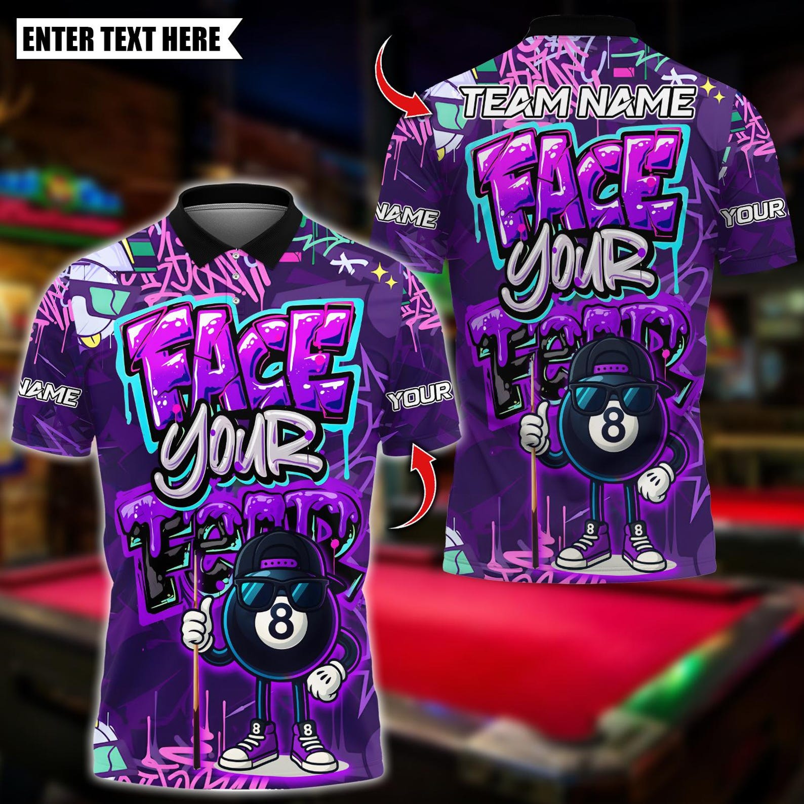Personalized Billiard Graffiti Street Art 8 Ball Face Your Fear Multicolor Polo Shirt