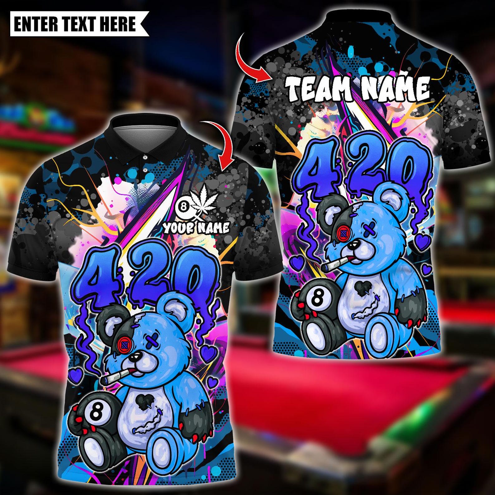 Personalized Billiard Graffiti 420 Teddy Bear With Ball 8 Multicolor Polo Shirt
