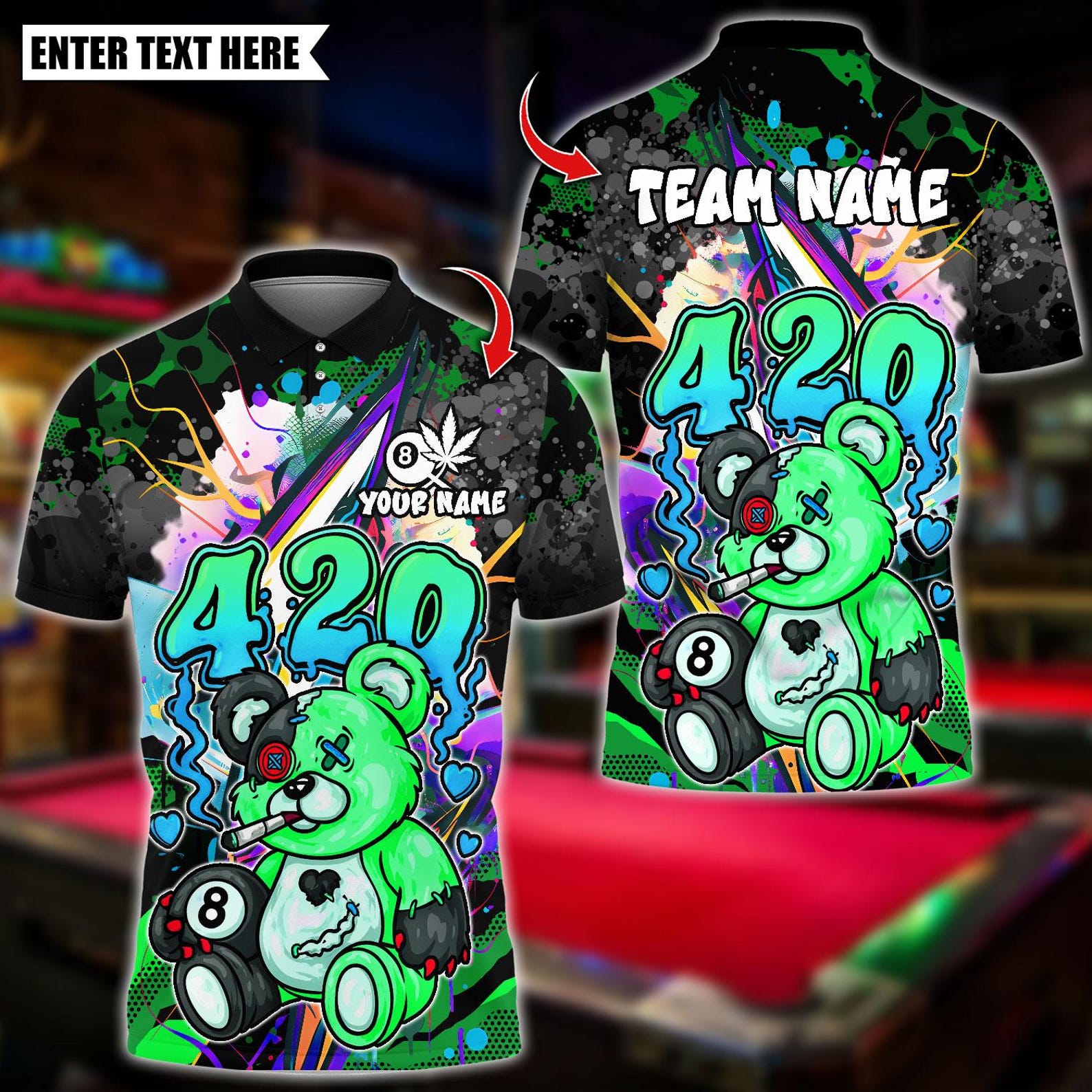 Personalized Billiard Graffiti 420 Teddy Bear With Ball 8 Multicolor Polo Shirt
