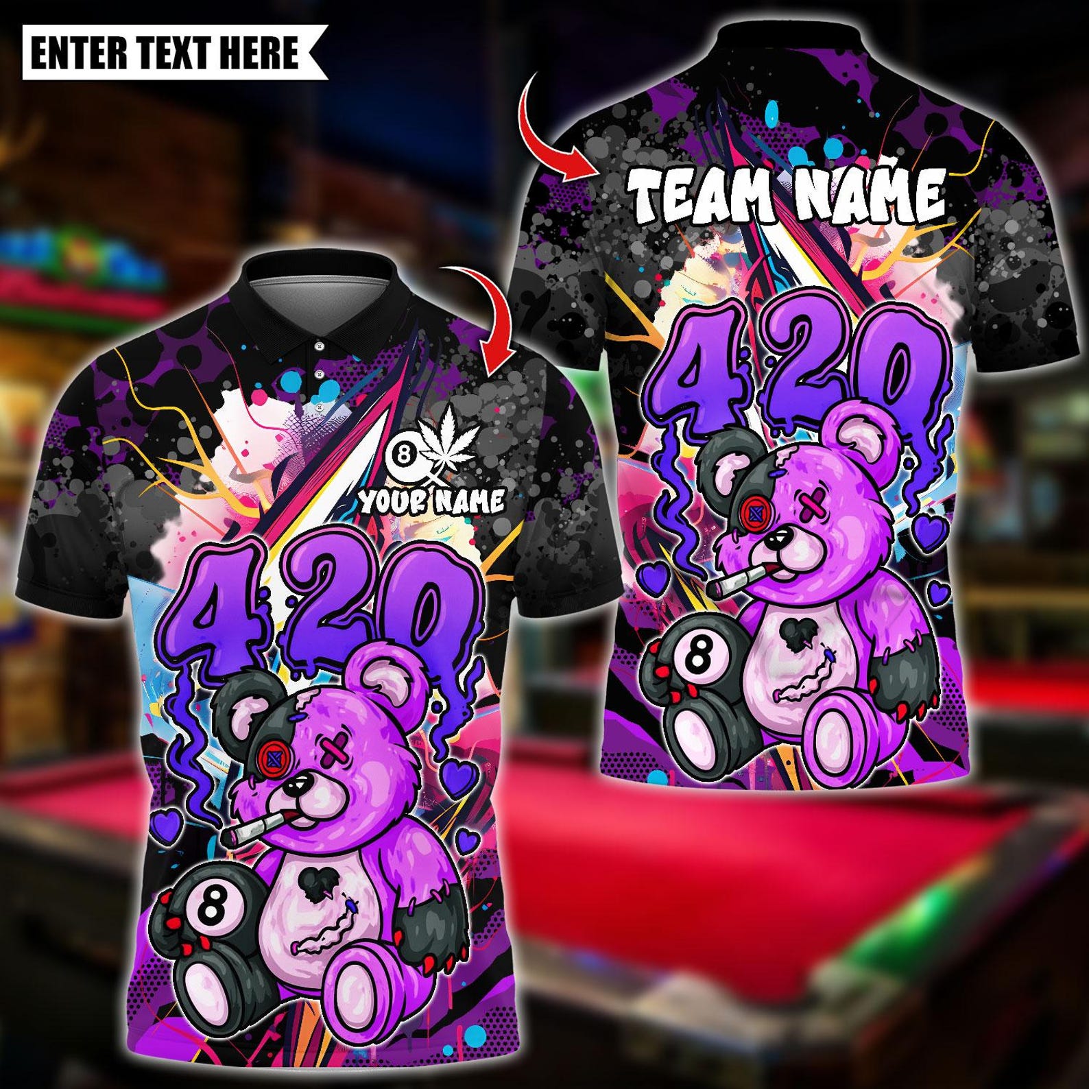 Personalized Billiard Graffiti 420 Teddy Bear With Ball 8 Multicolor Polo Shirt