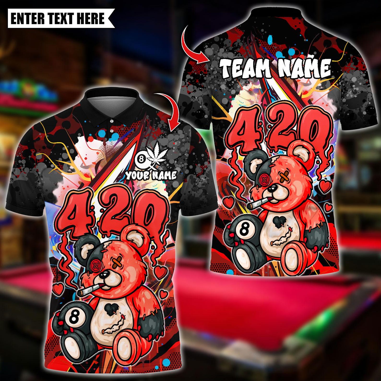Personalized Billiard Graffiti 420 Teddy Bear With Ball 8 Multicolor Polo Shirt