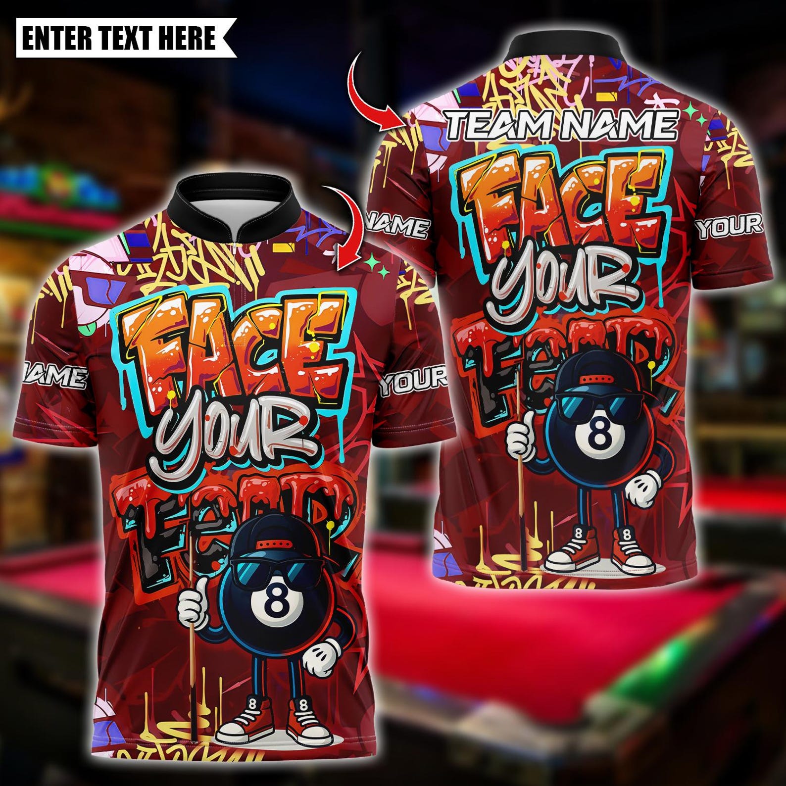 Personalized Billiard Graffiti Street Art 8 Ball Face Your Fear Multicolor Polo Shirt