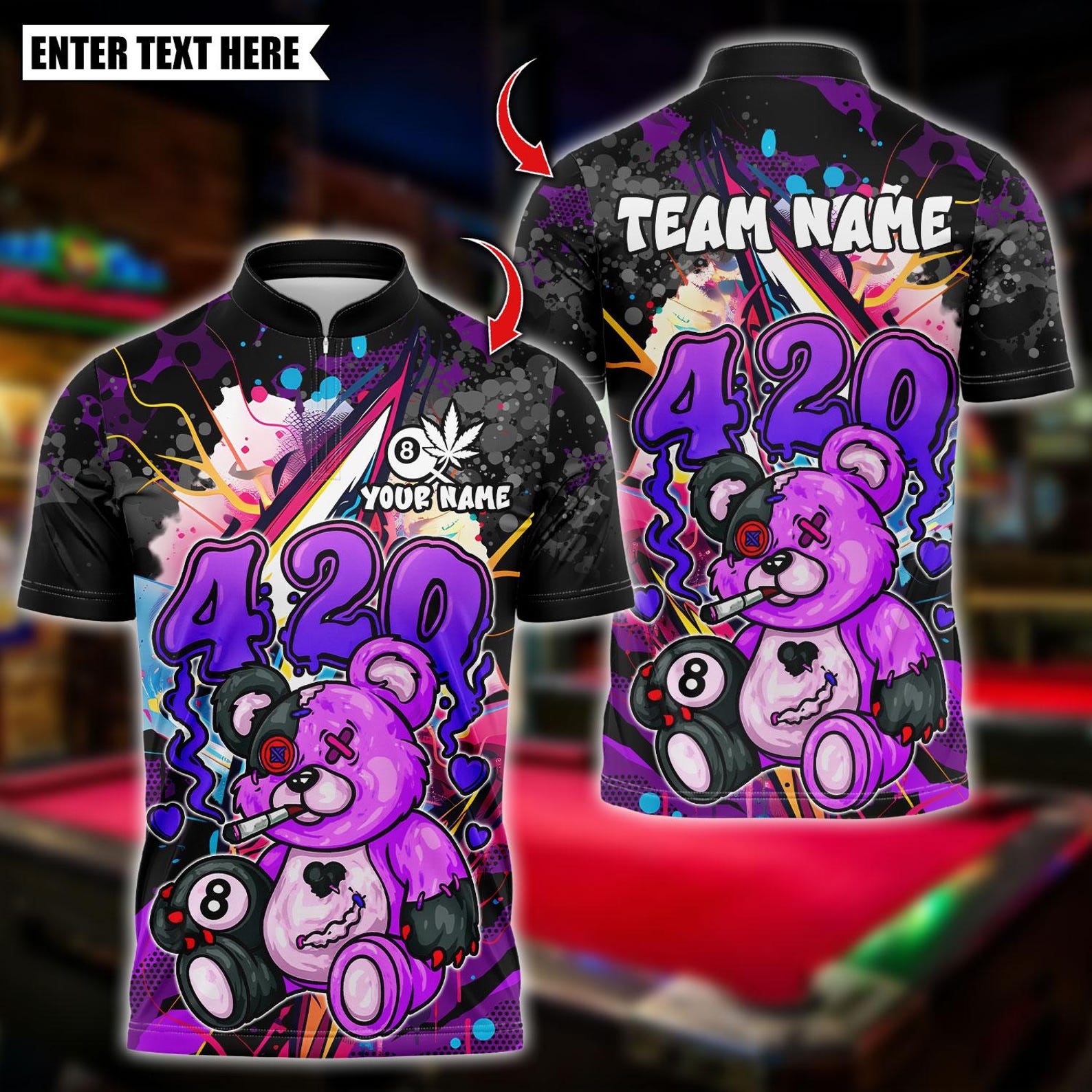 Personalized Billiard Graffiti 420 Teddy Bear With Ball 8 Multicolor Polo Shirt