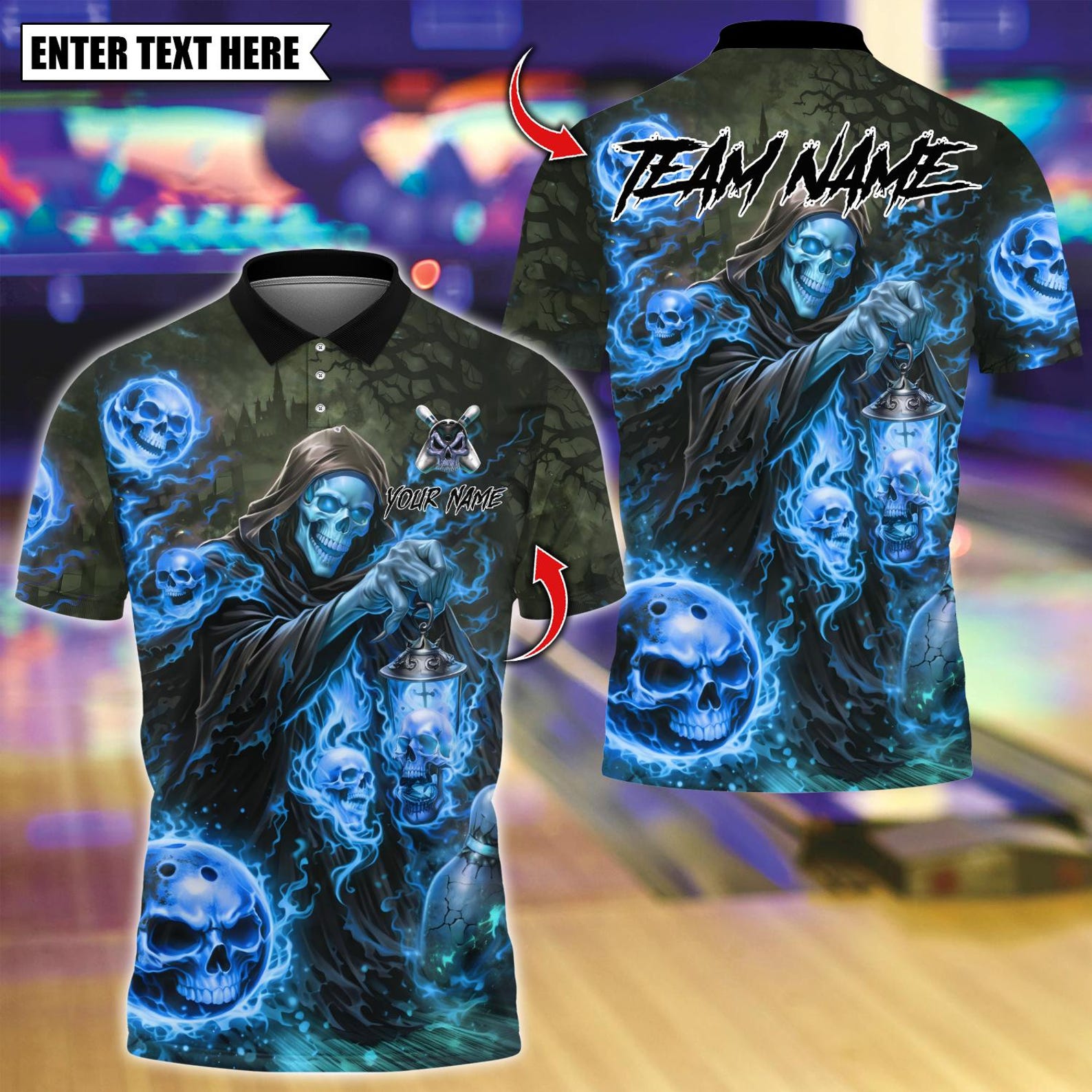 Personalized Grim Reaper Bowling Skull Flame Dark Fantasy Multicolor Polo Shirt