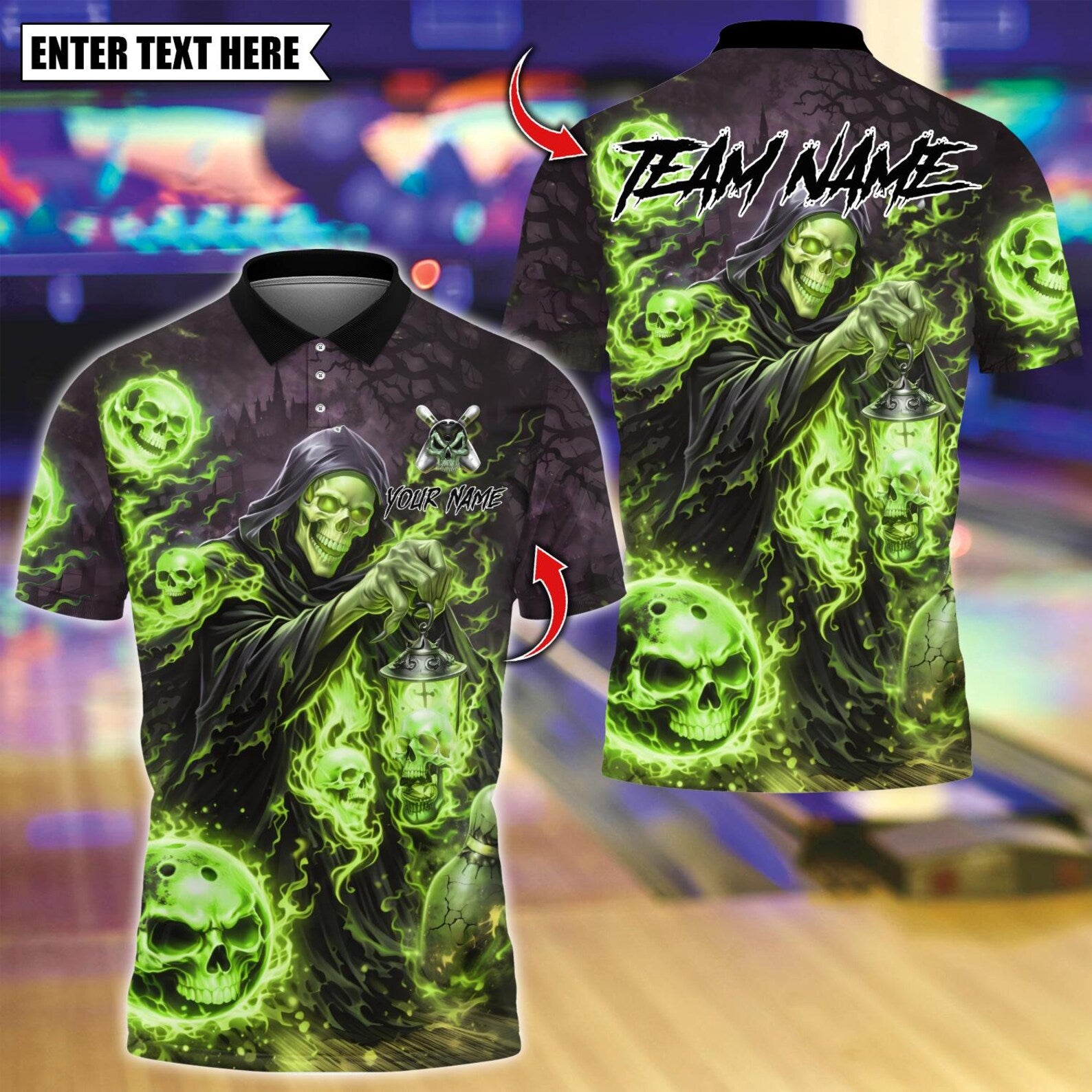 Personalized Grim Reaper Bowling Skull Flame Dark Fantasy Multicolor Polo Shirt