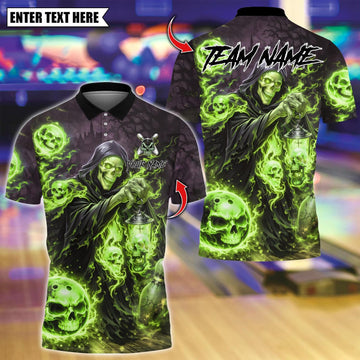 Personalized Grim Reaper Bowling Skull Flame Dark Fantasy Multicolor Polo Shirt
