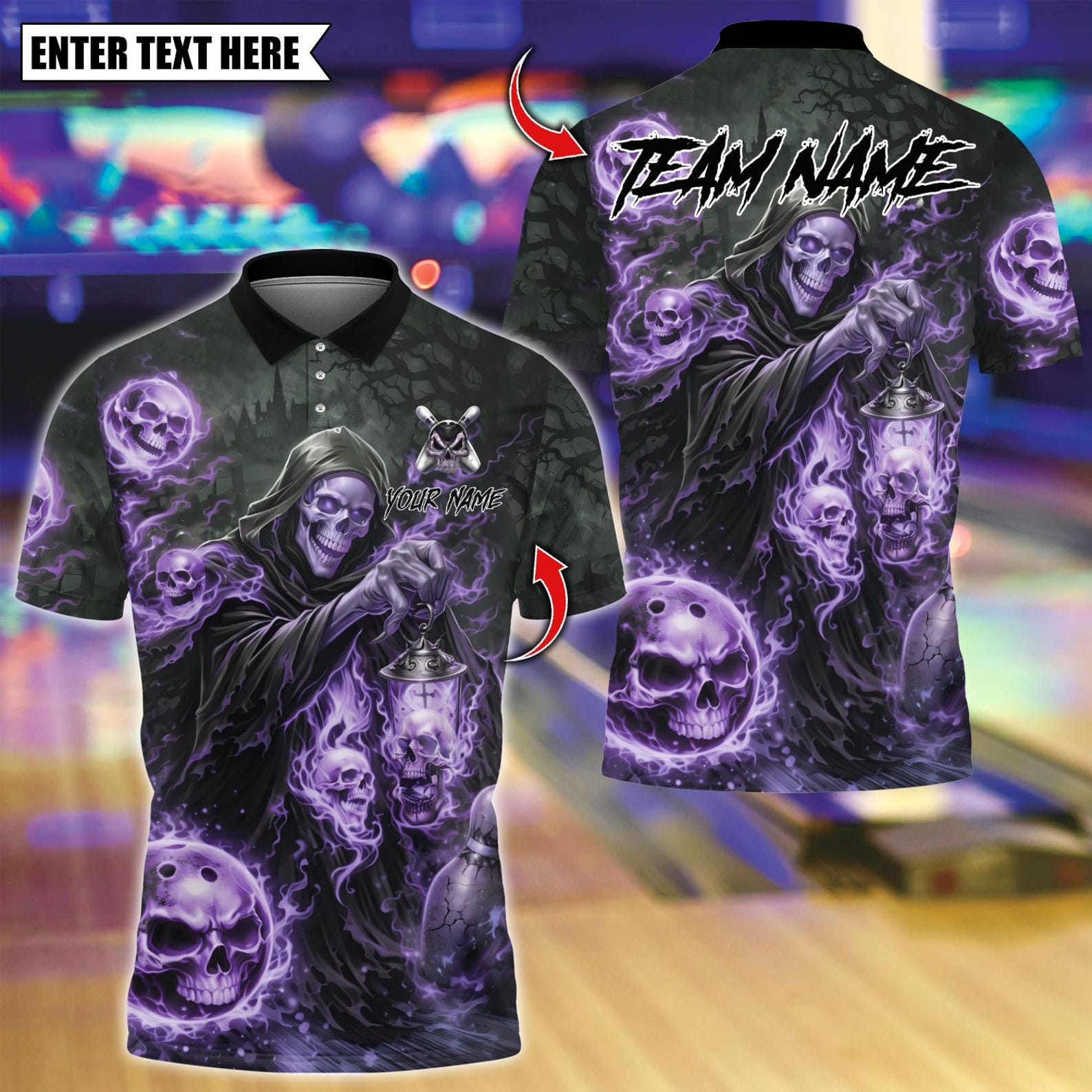 Personalized Grim Reaper Bowling Skull Flame Dark Fantasy Multicolor Polo Shirt