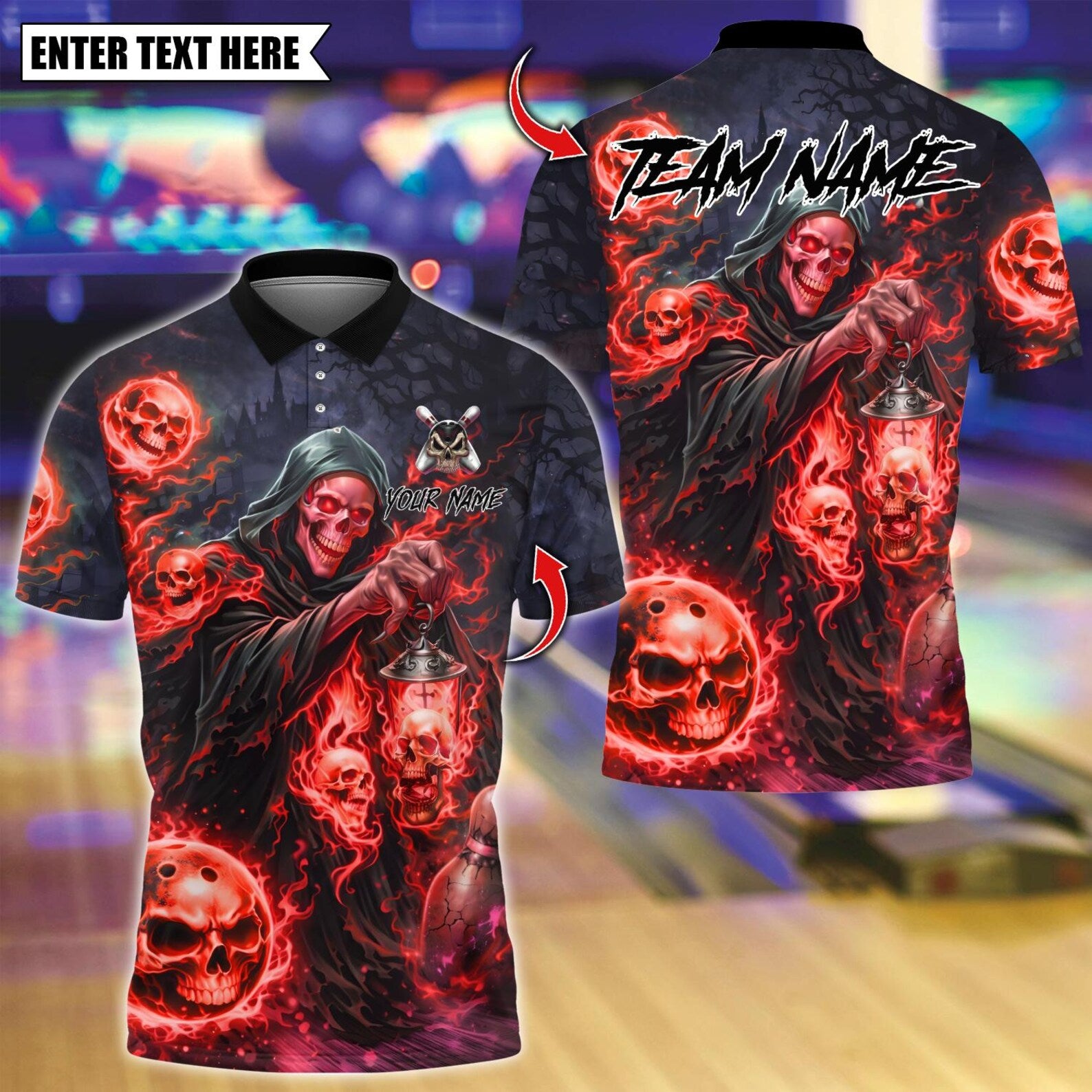Personalized Grim Reaper Bowling Skull Flame Dark Fantasy Multicolor Polo Shirt