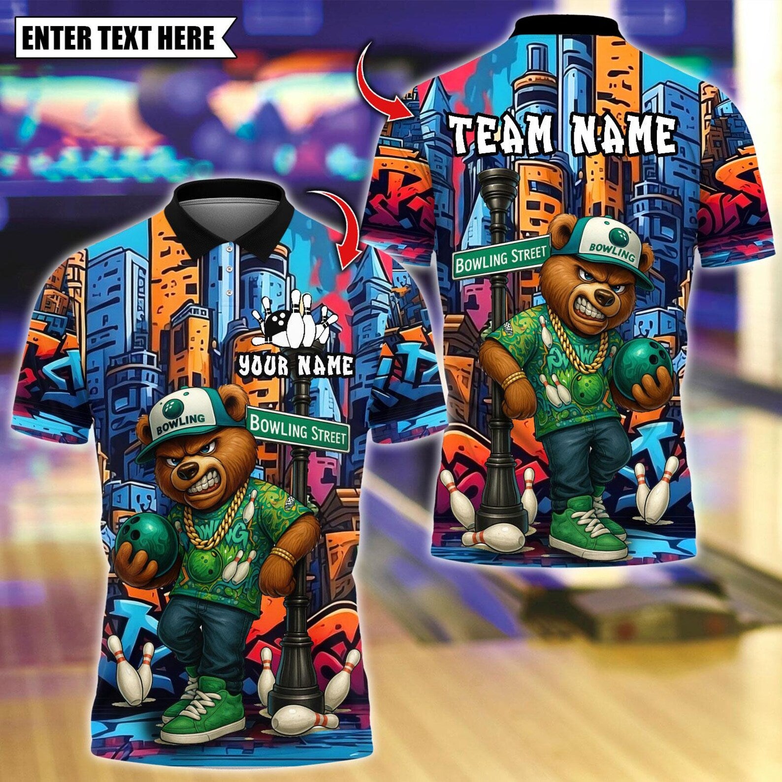 Personalized Bowling HipHop Bear Street Graffiti Multicolor Polo Shirt