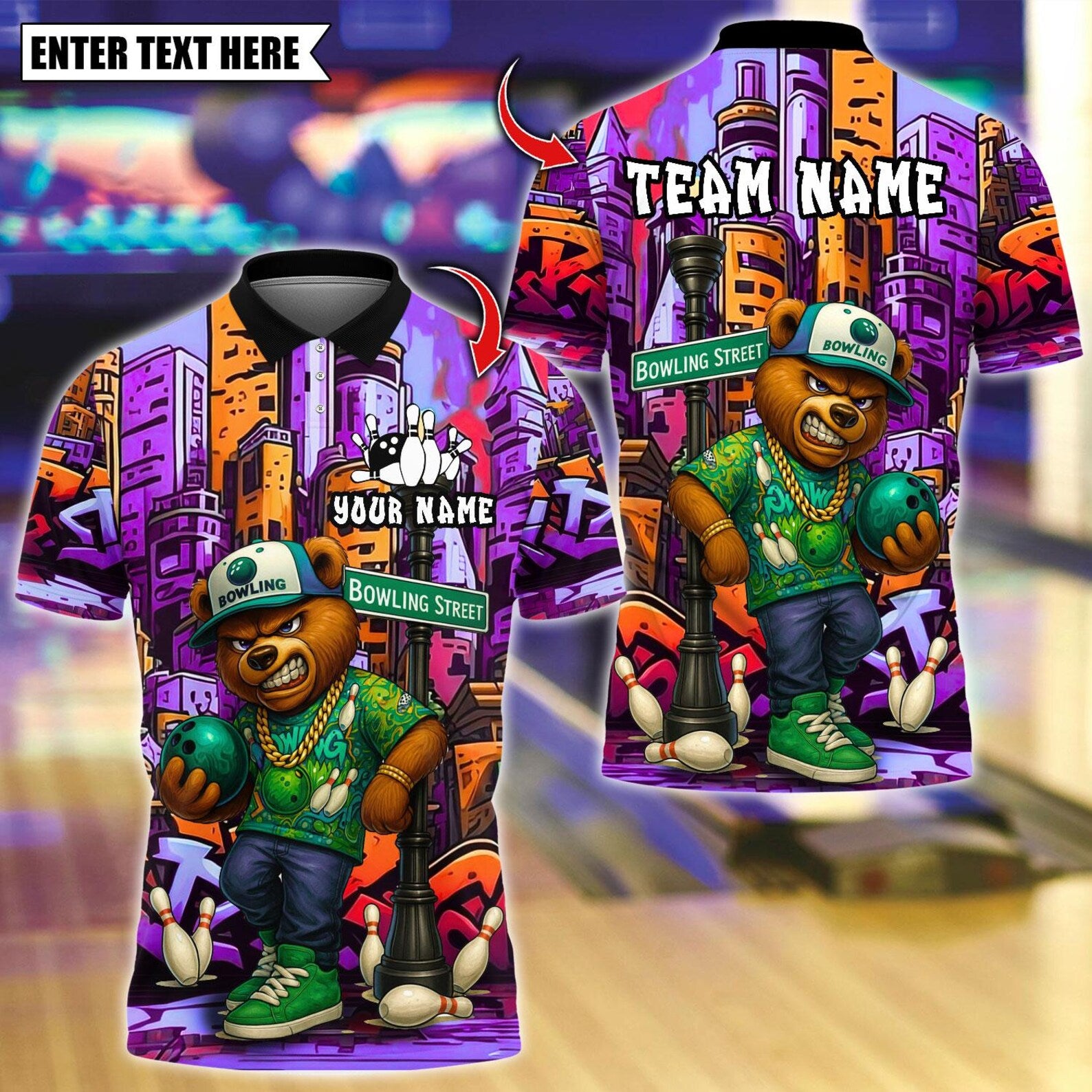 Personalized Bowling HipHop Bear Street Graffiti Multicolor Polo Shirt