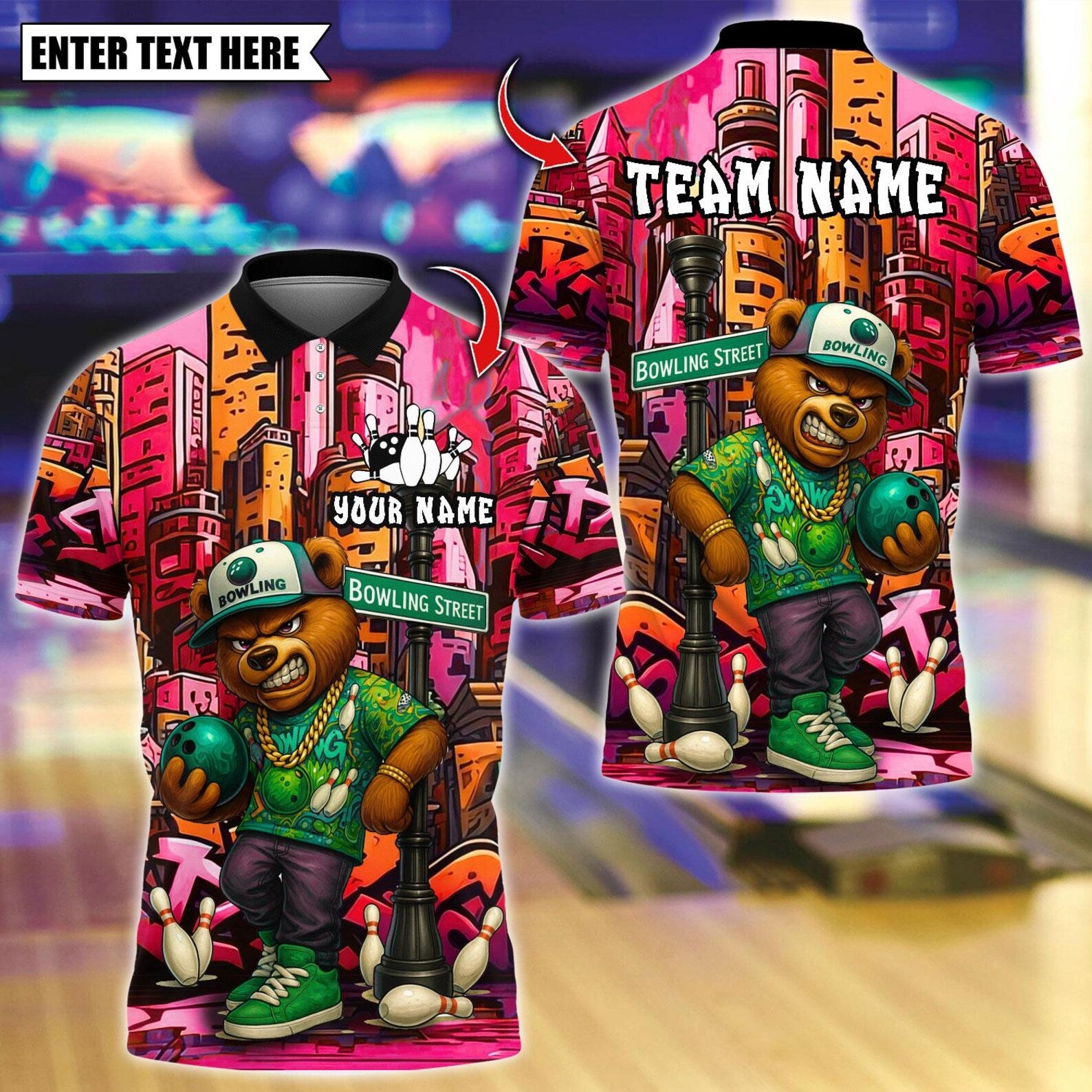 Personalized Bowling HipHop Bear Street Graffiti Multicolor Polo Shirt
