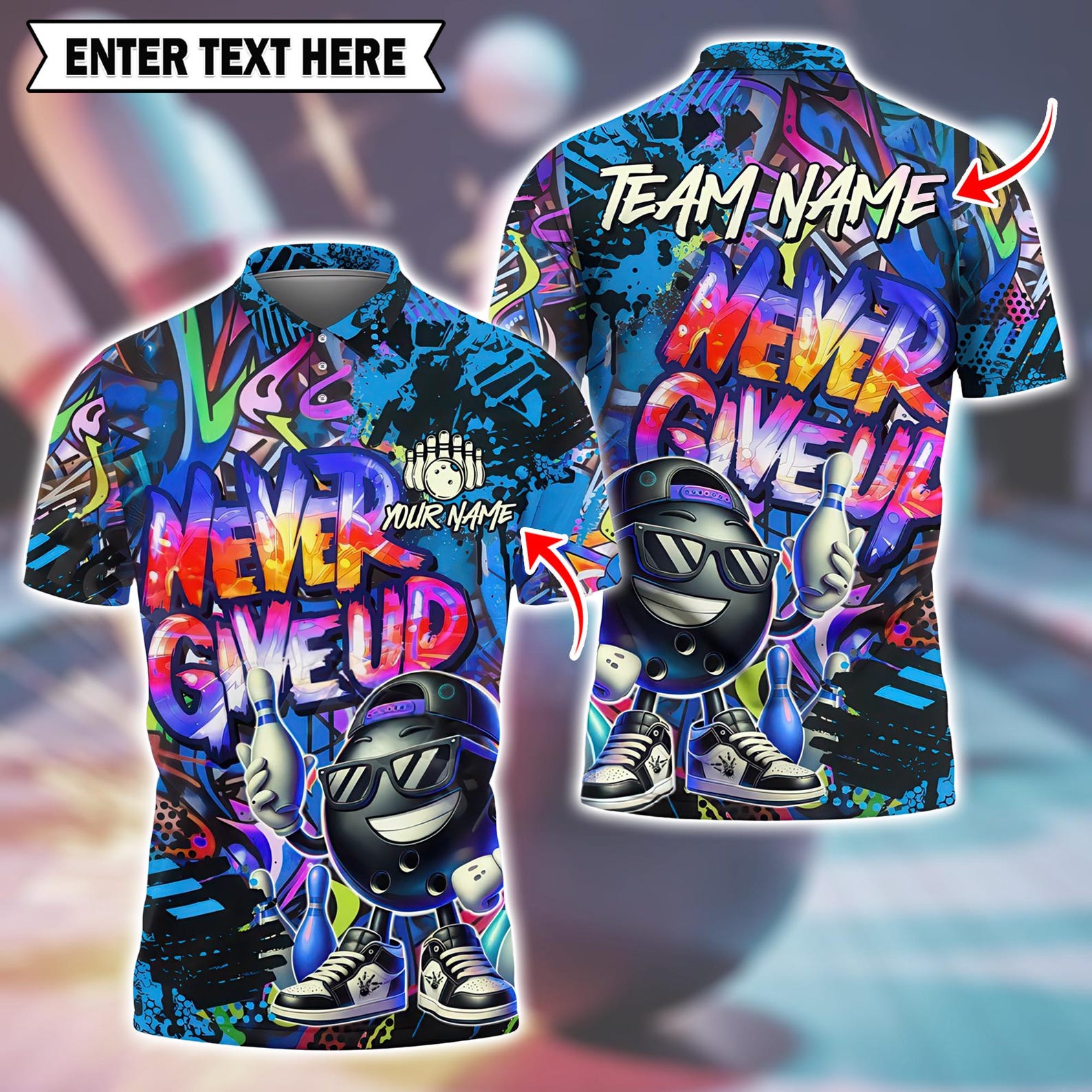 Personalized Bowling Graffiti – Funny “Never Give Up” Multicolor Polo Shirt