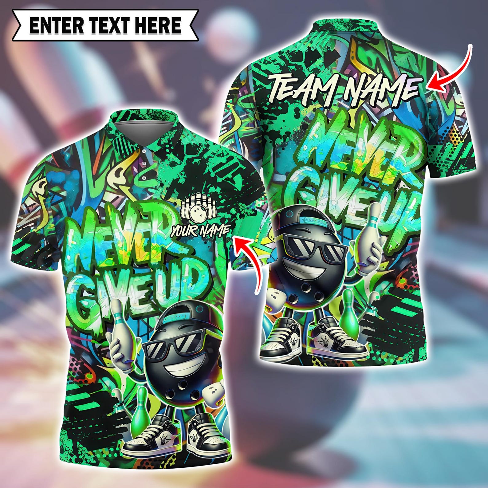 Personalized Bowling Graffiti – Funny “Never Give Up” Multicolor Polo Shirt