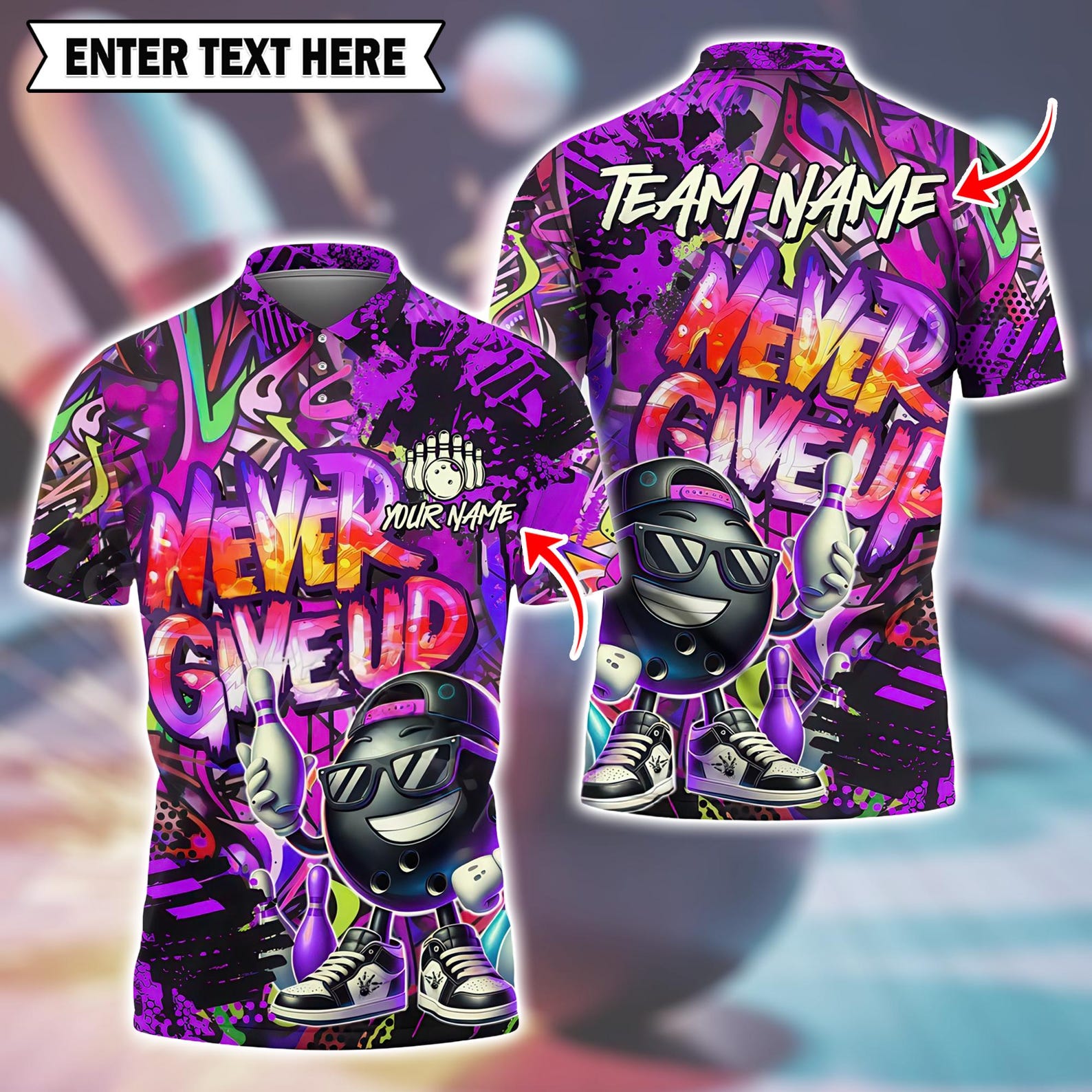 Personalized Bowling Graffiti – Funny “Never Give Up” Multicolor Polo Shirt