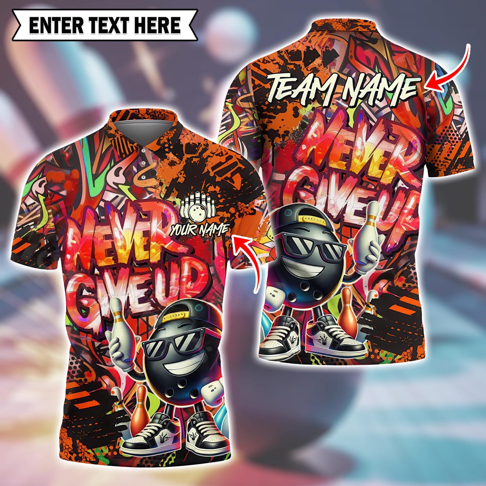 Personalized Bowling Graffiti – Funny “Never Give Up” Multicolor Polo Shirt