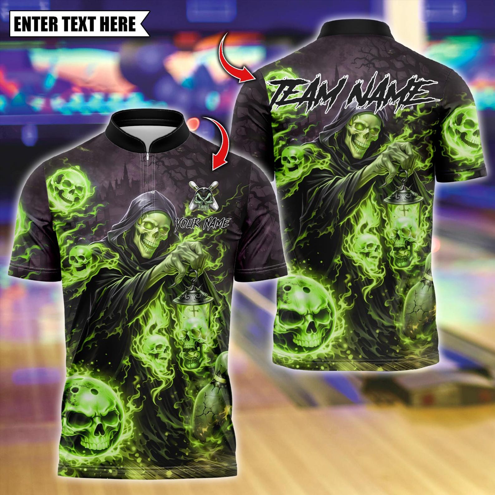 Personalized Grim Reaper Bowling Skull Flame Dark Fantasy Multicolor Polo Shirt
