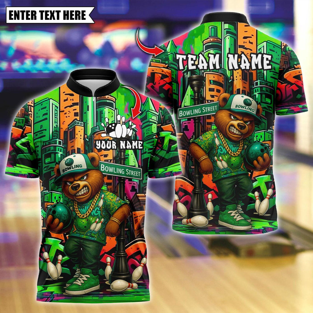 Personalized Bowling HipHop Bear Street Graffiti Multicolor Polo Shirt