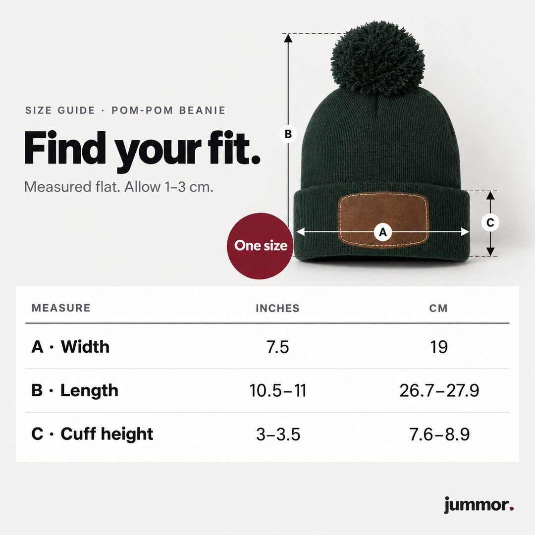 Pom-pom beanie size guide: one size, flat width 7.5 in, length 10.5 to 11 in, cuff height 3 to 3.5 in