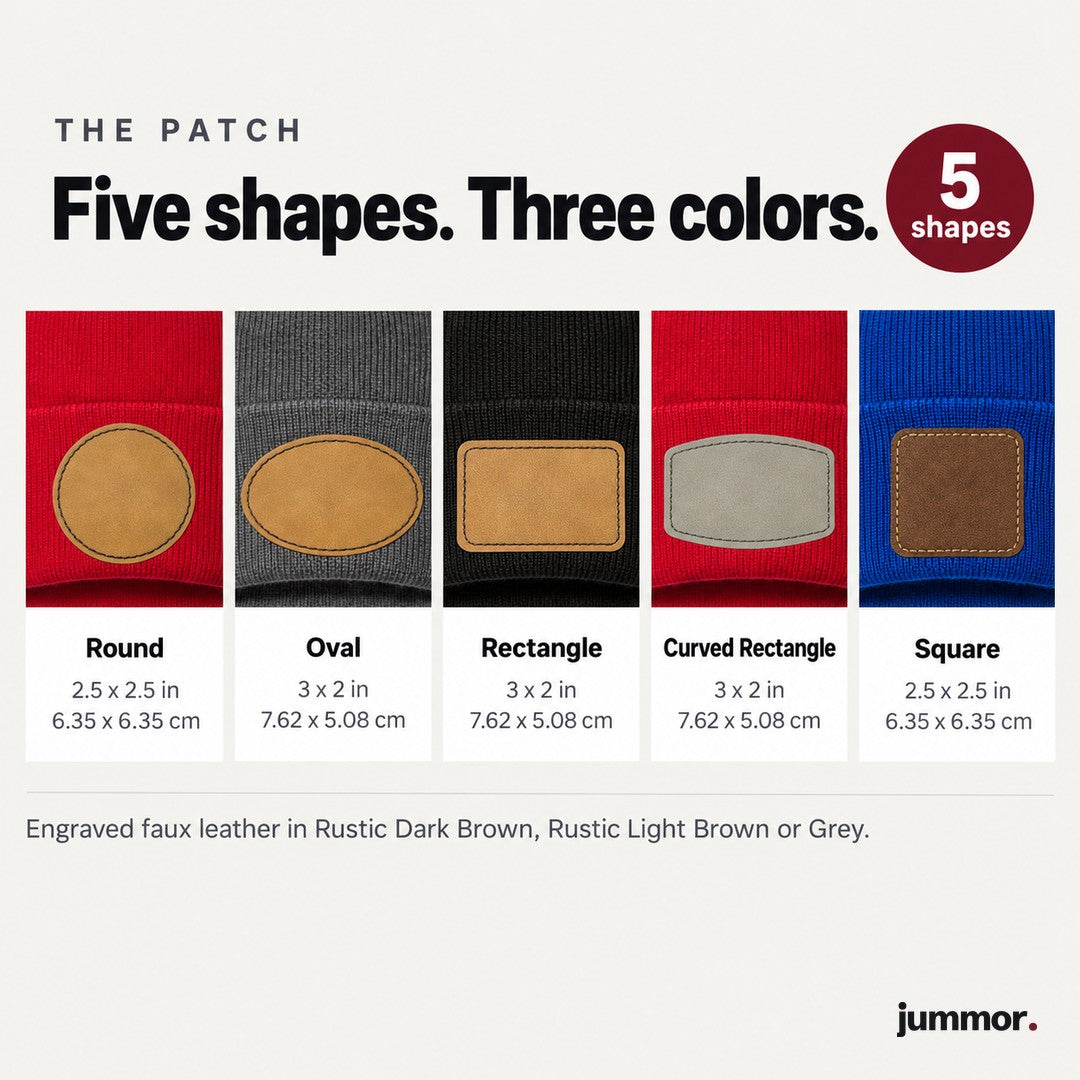 Engraved patch shapes: round, oval, rectangle, curved rectangle and square, with sizes
