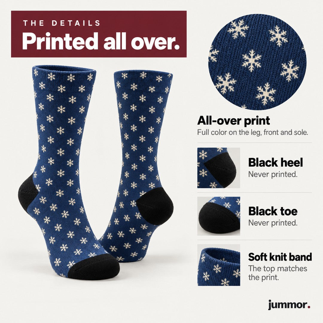 Crew socks details: all-over print, black heel, black toe, soft knit band
