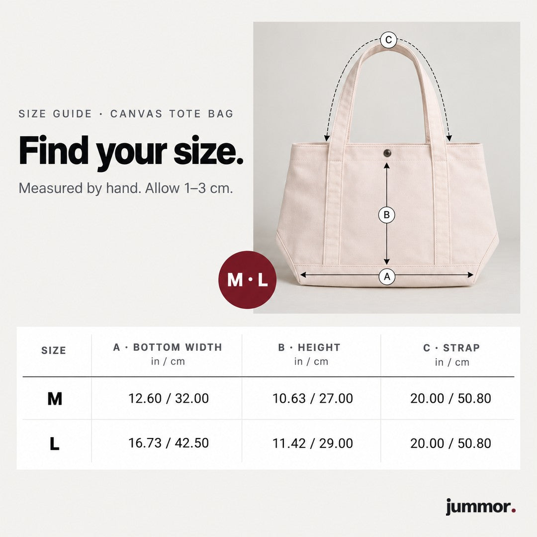 Canvas tote bag size guide, sizes M and L