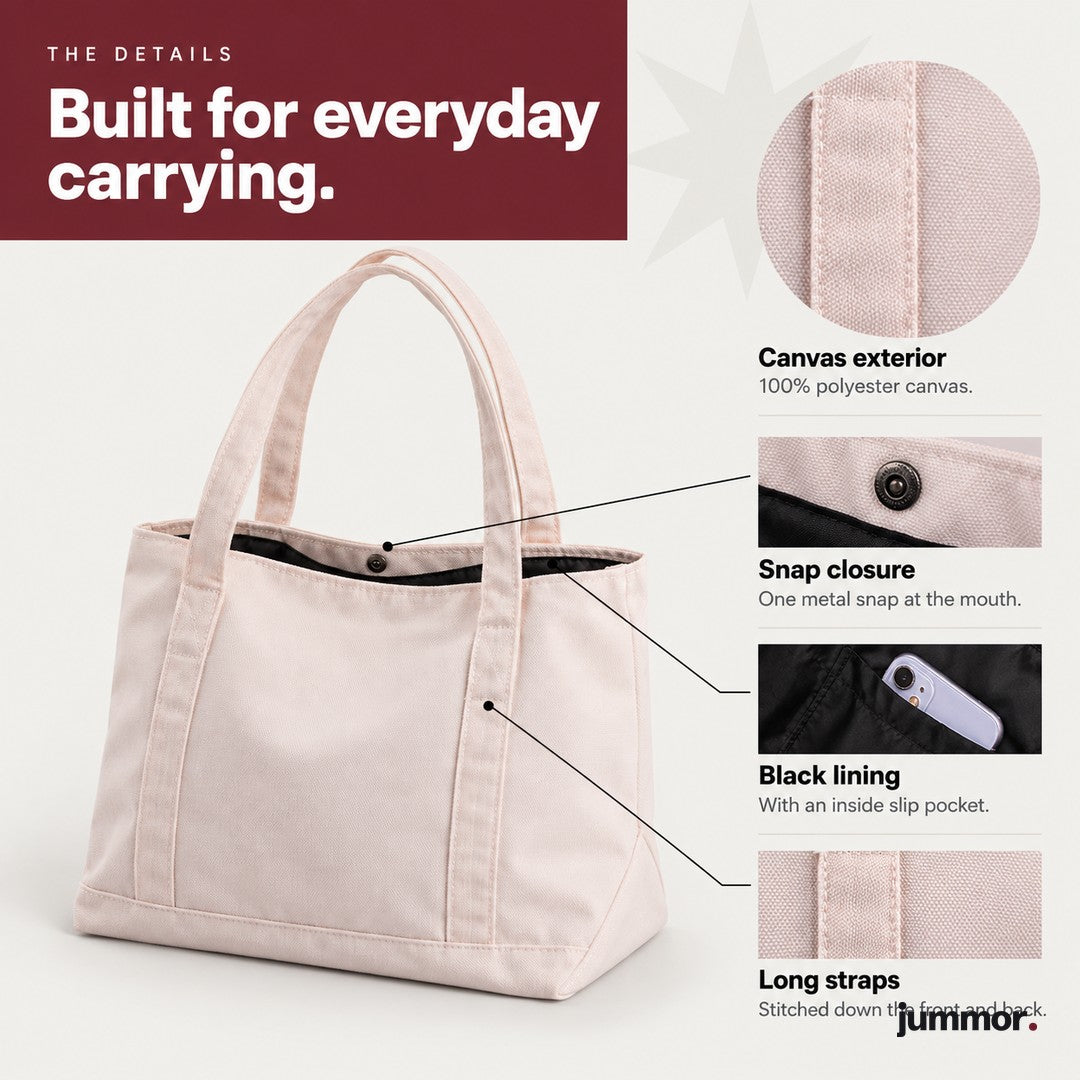Canvas tote bag details: canvas, snap closure, black lining, long straps