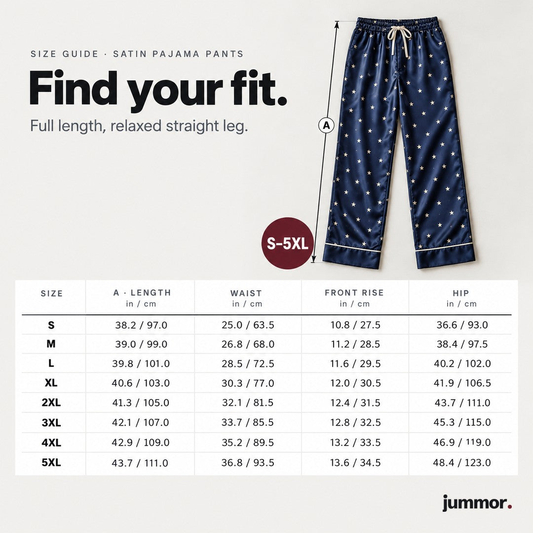 Satin pajama pants size guide, S to 5XL