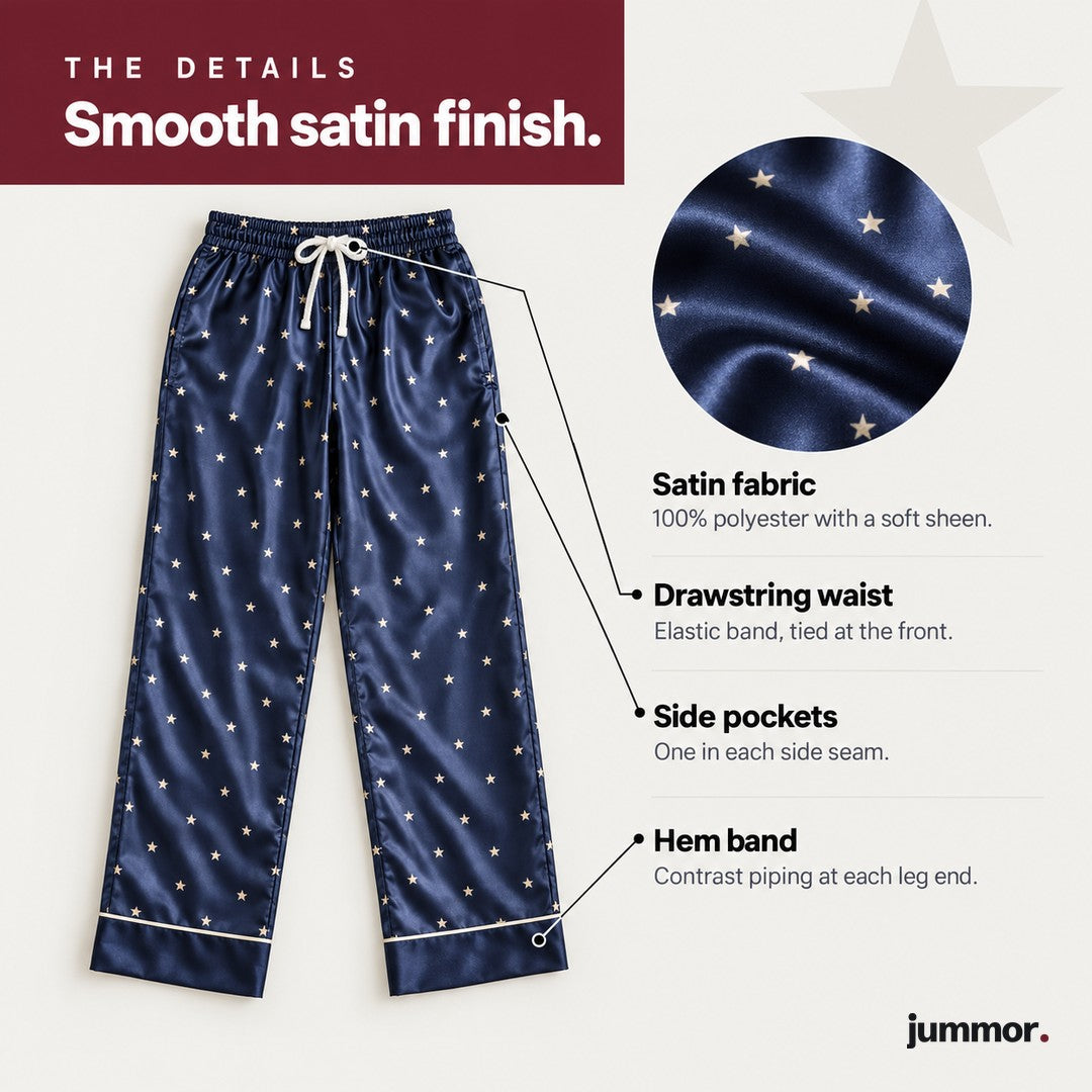 Satin pajama pants details: satin fabric, drawstring waist, side pockets, piped hem