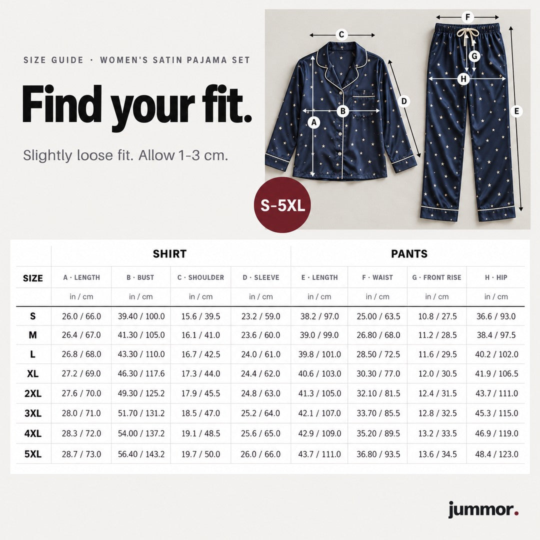 Women's satin pajama set size guide, S to 5XL