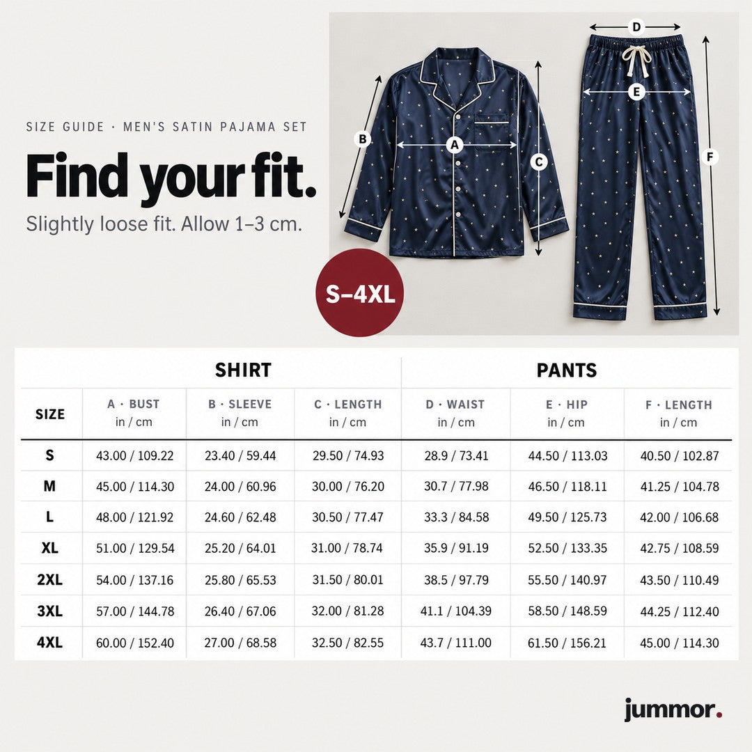 Men's satin pajama set size guide, S to 4XL